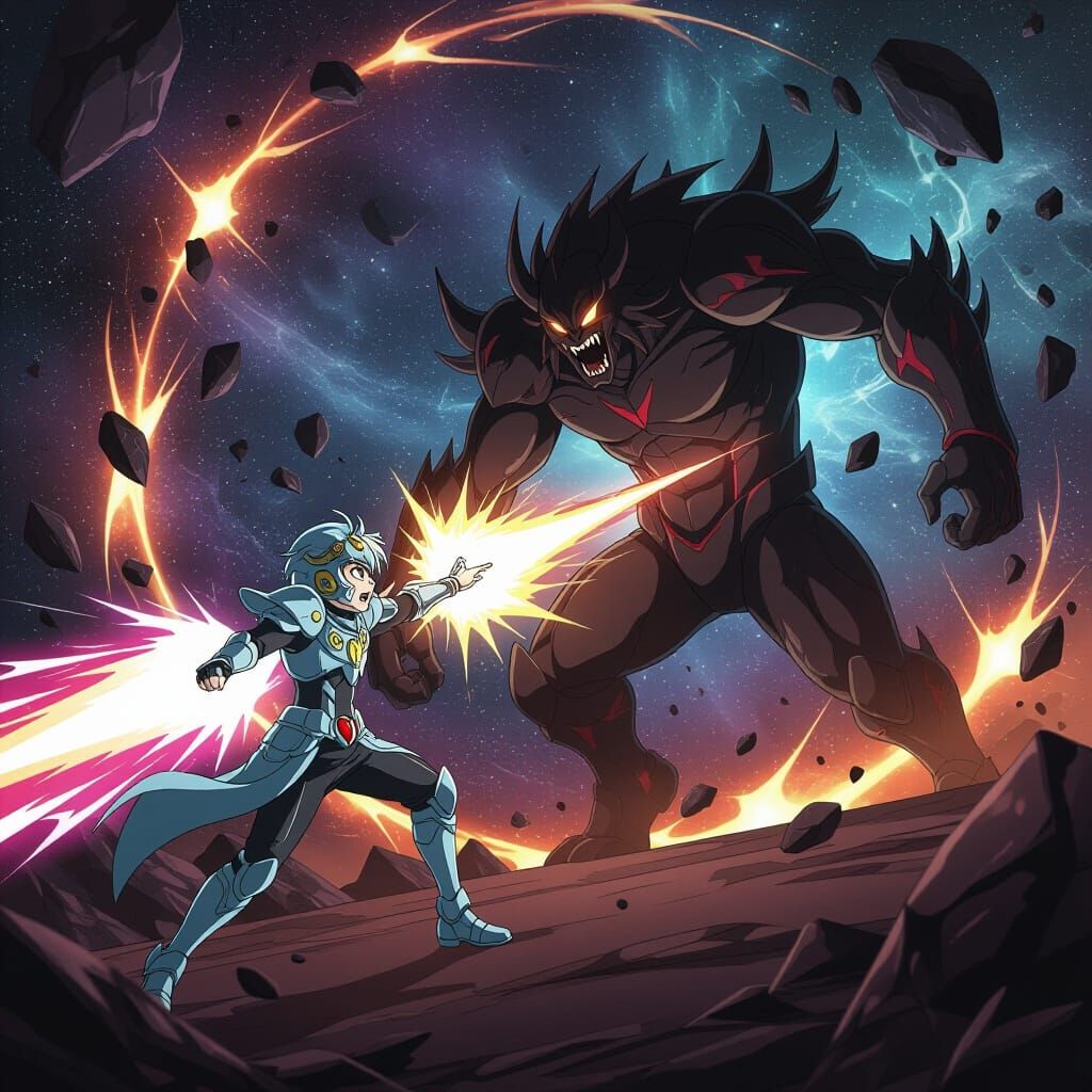 Futuristic Hero Unleashes Energy Beam in Cosmic Battle