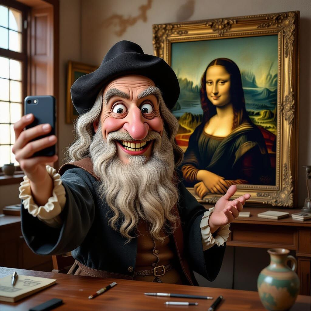 Humorous Da Vinci Selfie in Renaissance Studio