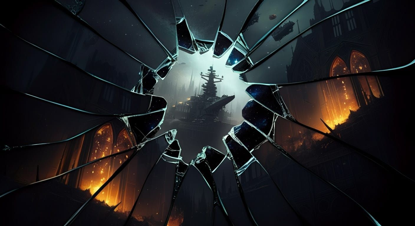 Grimdark Starfield Reflected in Fractured Voidglass