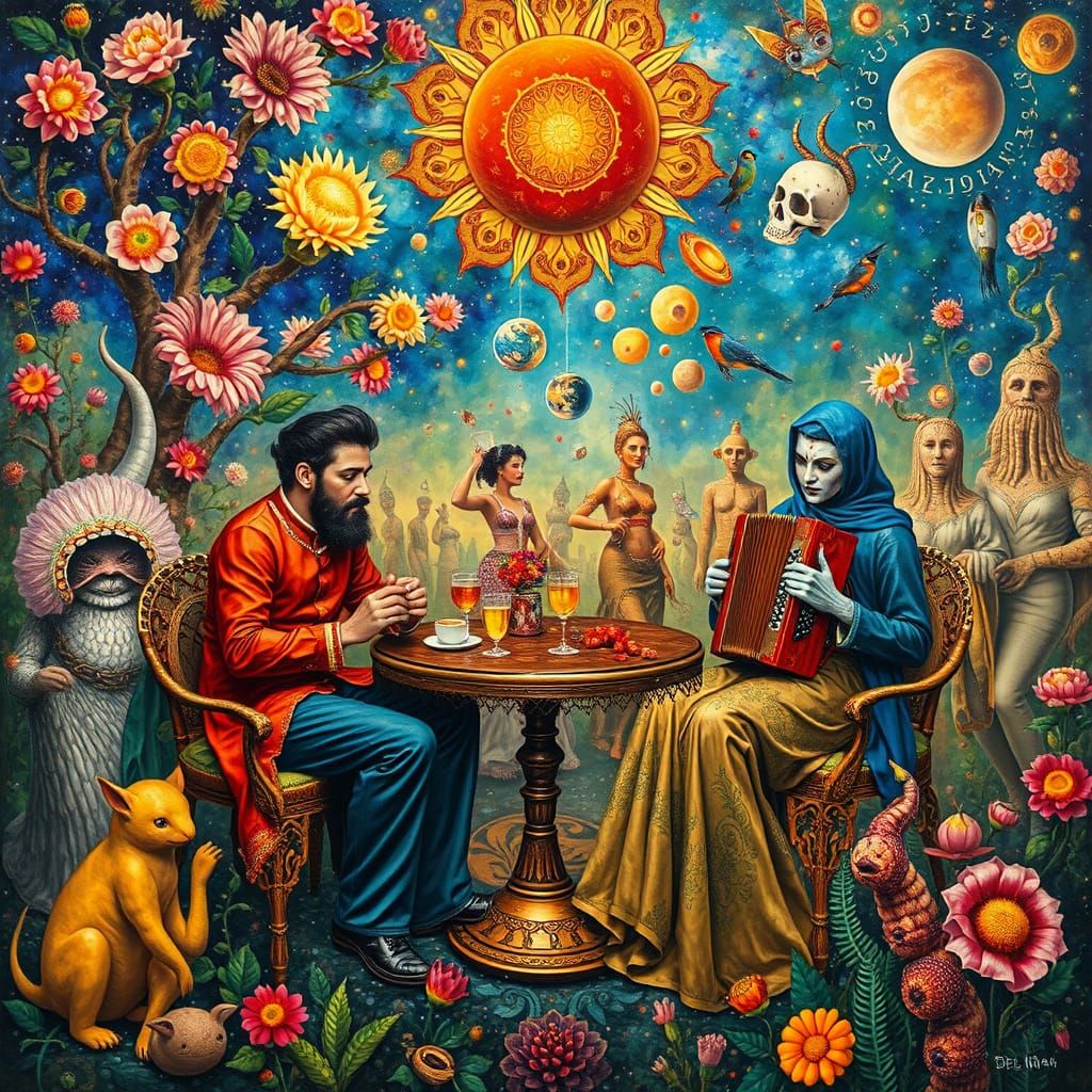Surreal Galactic Café with Space Dancers and Accordionist