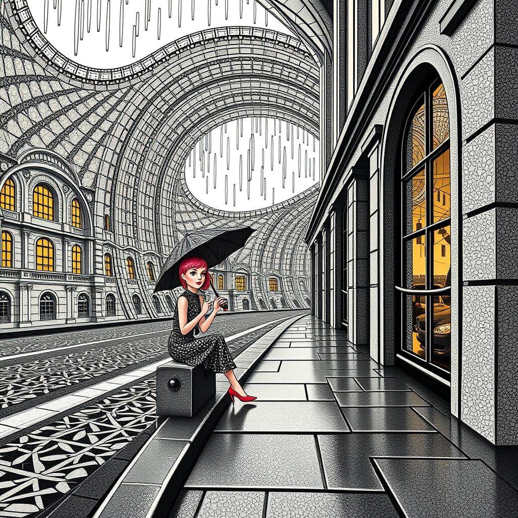 Whimsical Audrey Hepburn in Rain, Escher-Style Tessellations