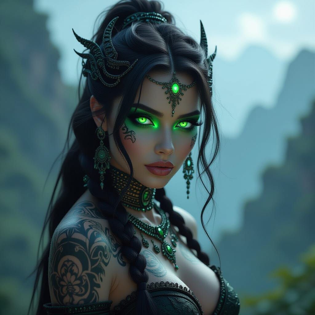 Underworld Goddess with Piercing Eyes and Tattoos