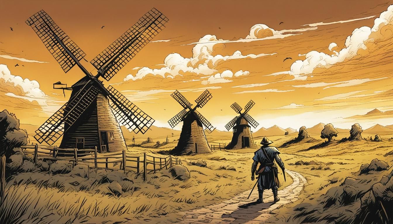 Don Quixote and Sancho Panza Fight Windmills