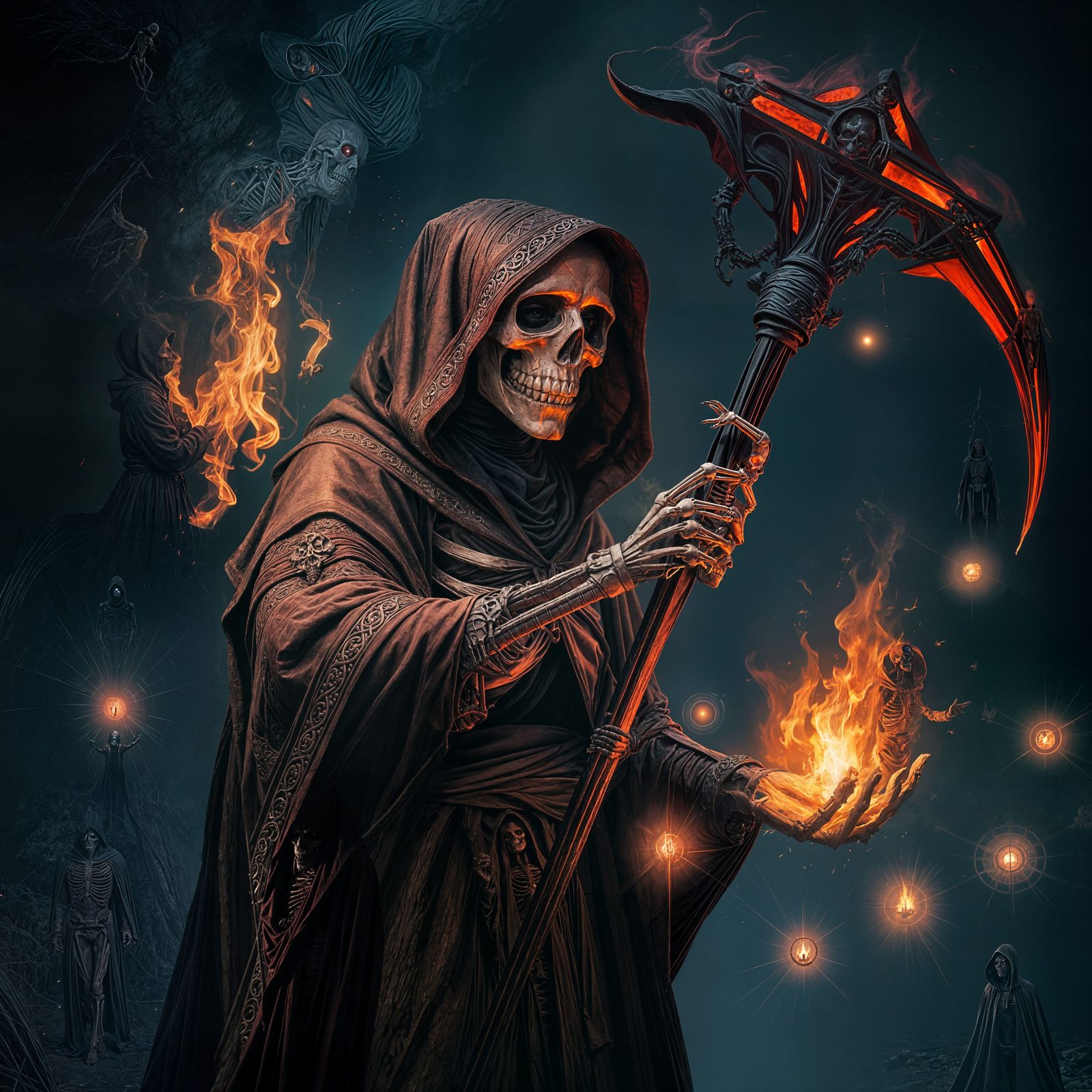 Sinister Fire Scythe Skeleton in Hooded Robe