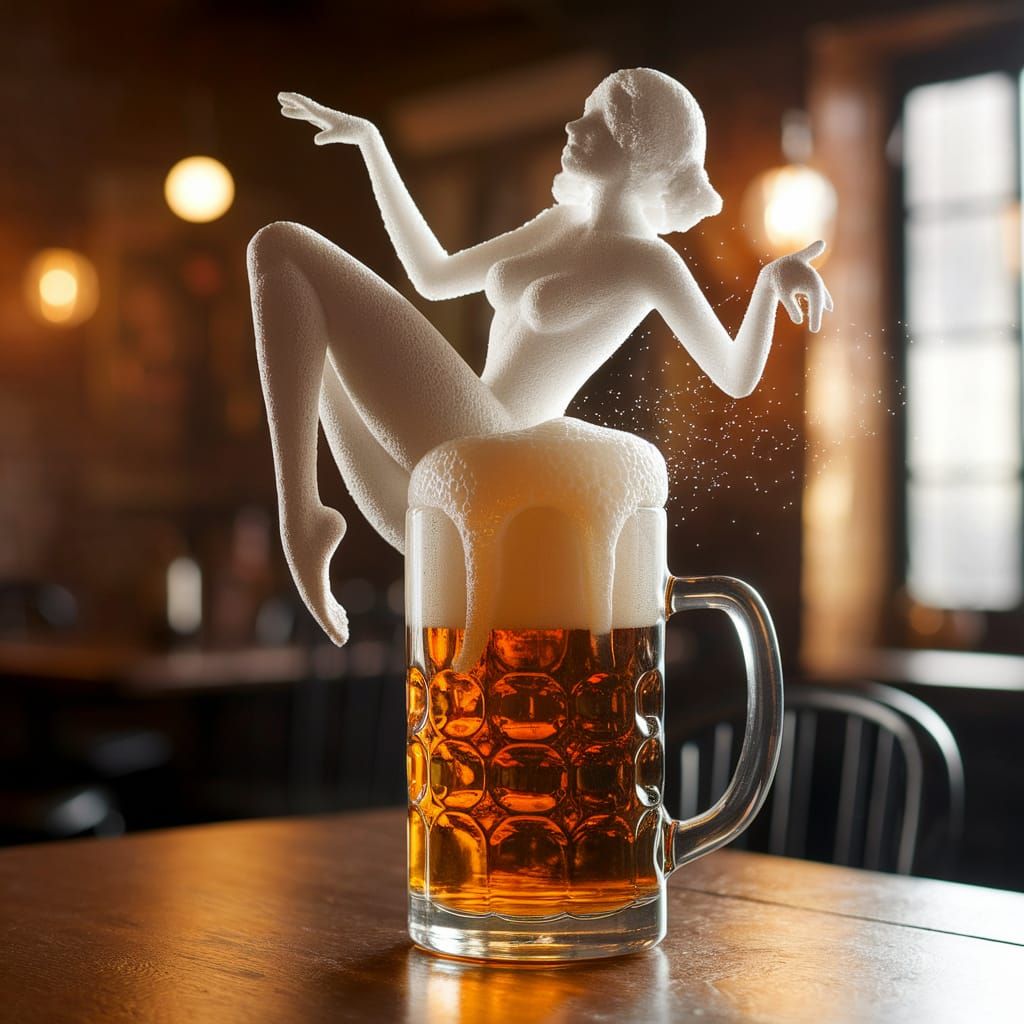 Ethereal Beer Foam Woman in Cozy Pub Ambiance