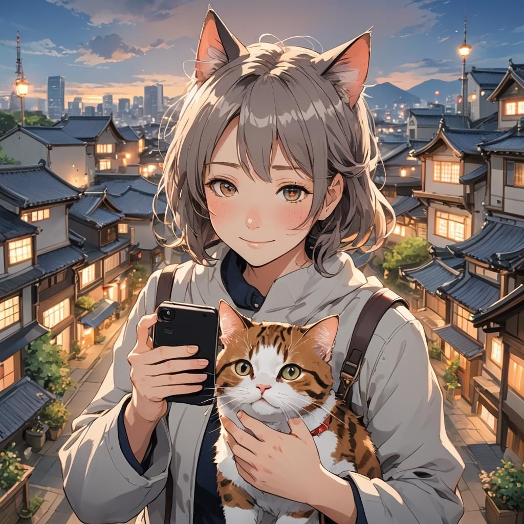 Girl Hugging Cat Taking Selfie, Anime Style