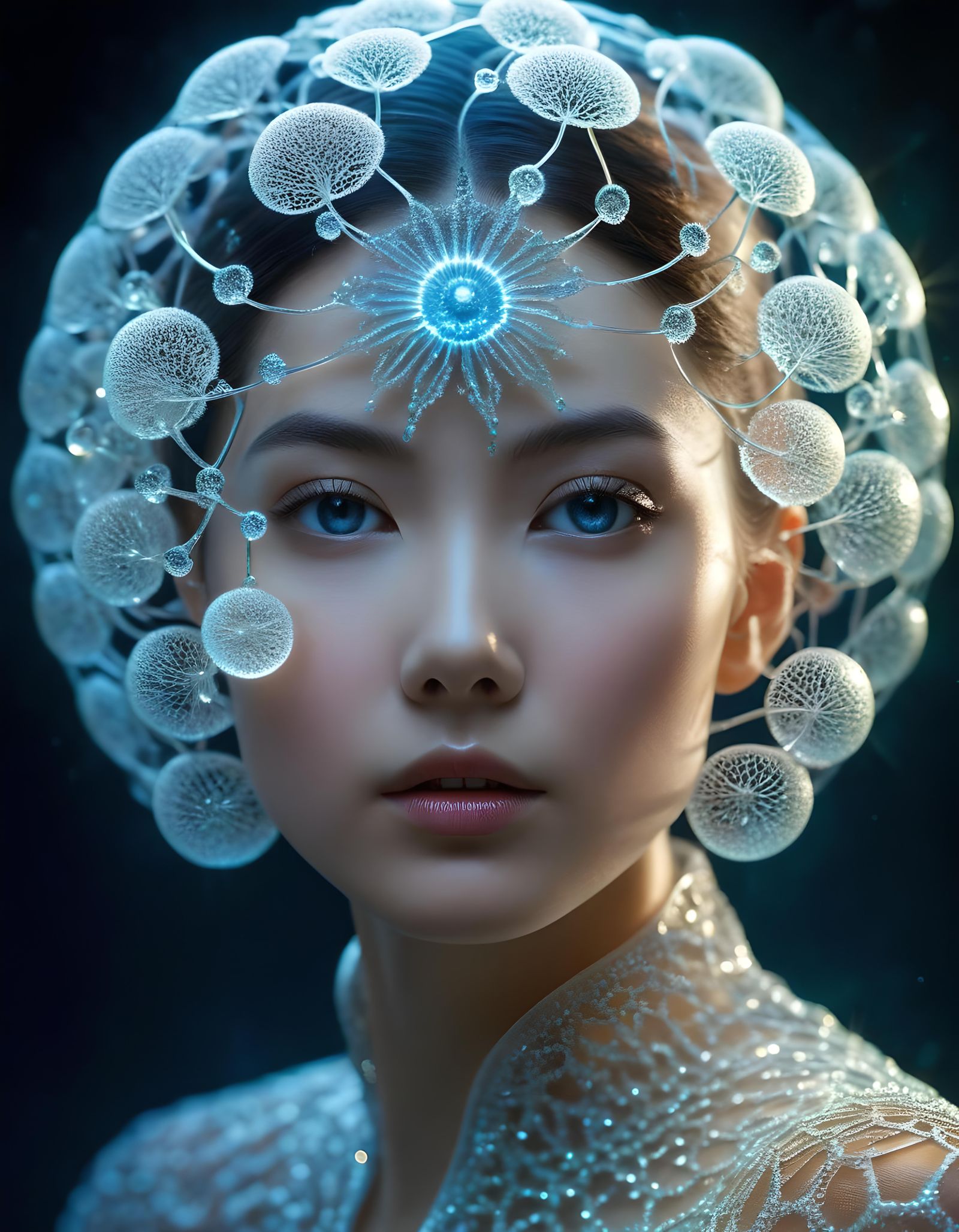 Bioluminescent Crystal Woman Portrait in Photorealism