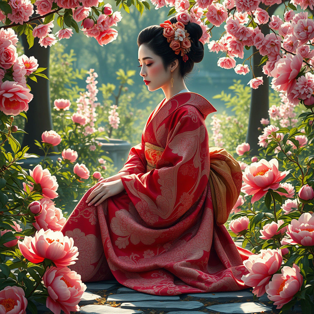 Geisha in Flower Garden, Art Nouveau Style