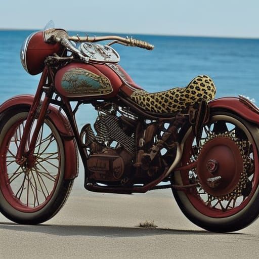 1950s pinup girl in lace bikini with tattoo, on a motorcycle...