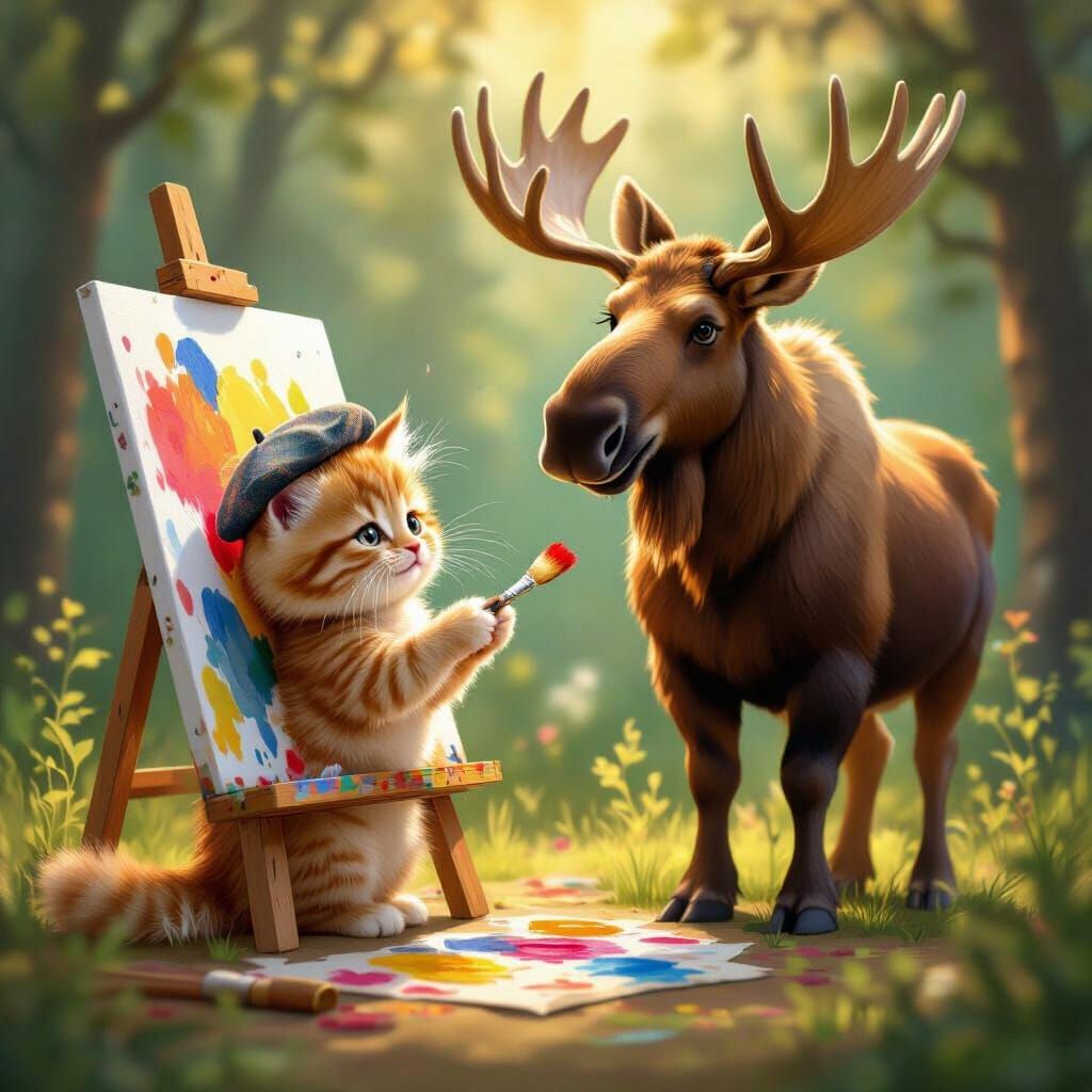 Fluffy Kitten Paints Moose Friend in Storybook Style