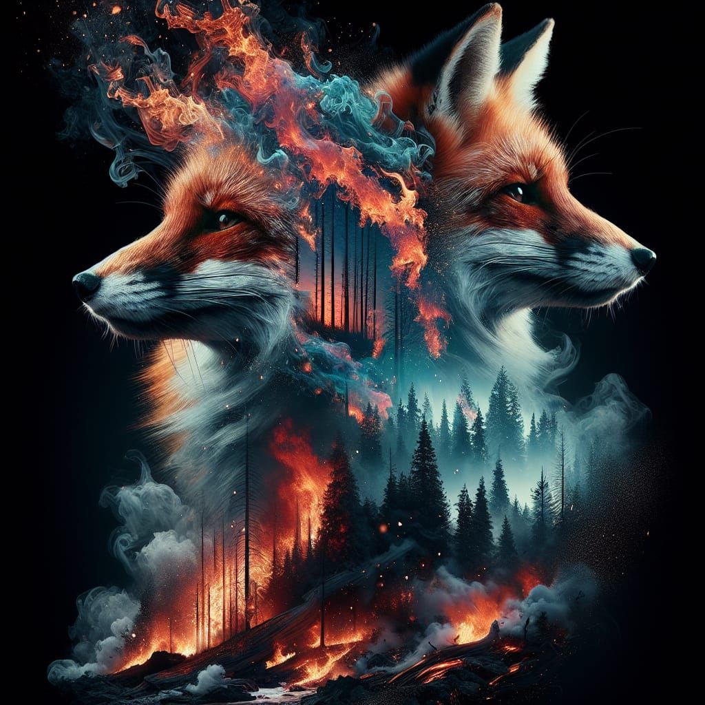 Fox Portrait Over Burning Forest, Digital Illustration