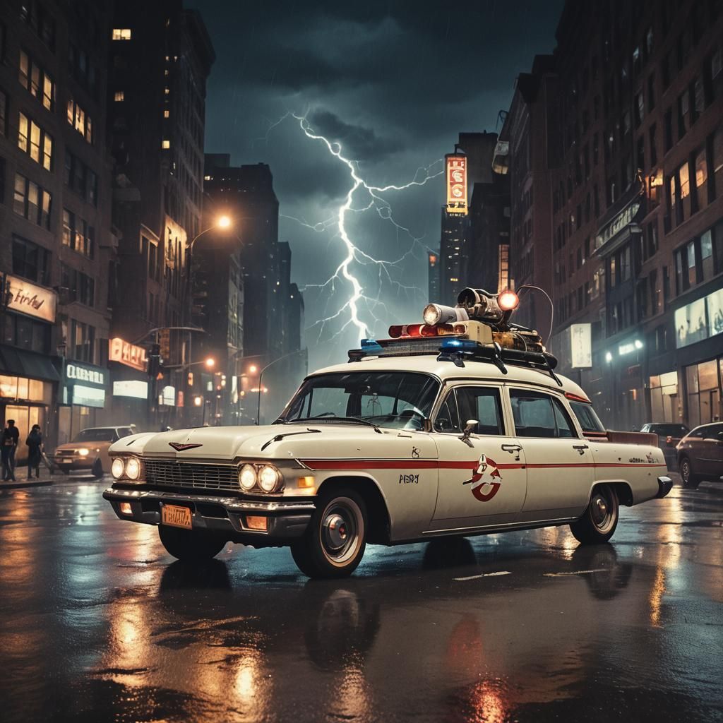 Ghostbusters Car in Stormy New York Night