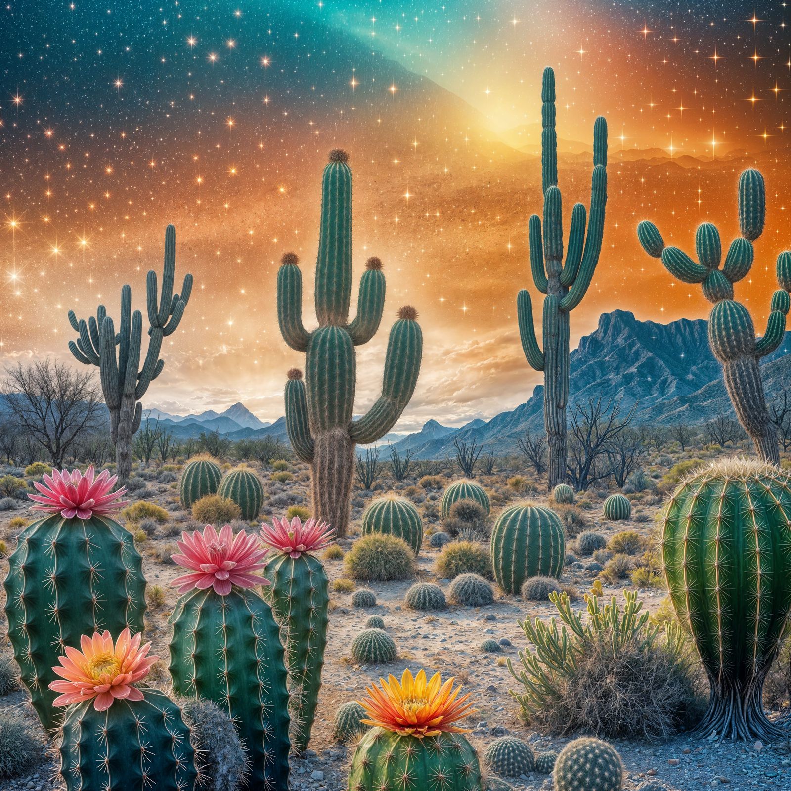 Blooming Desert Twilight with Constellations