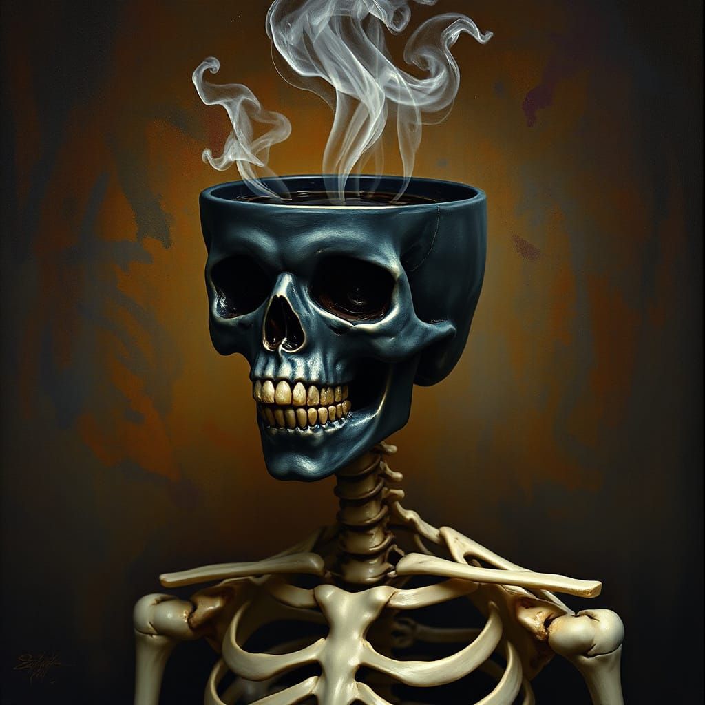 Skeleton With Coffee Cup Head in Surrealist Style