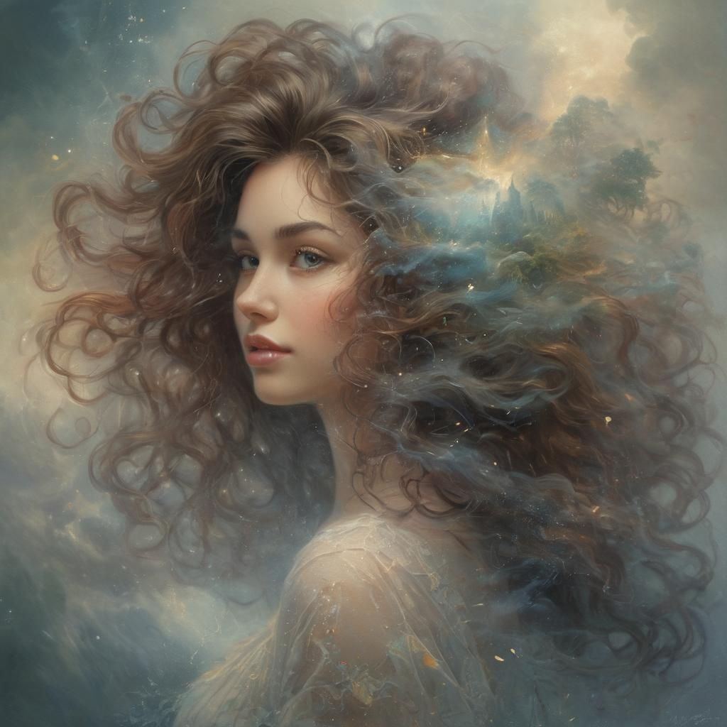 Ethereal Woman in Hyperdetailed, Magical Double Exposure