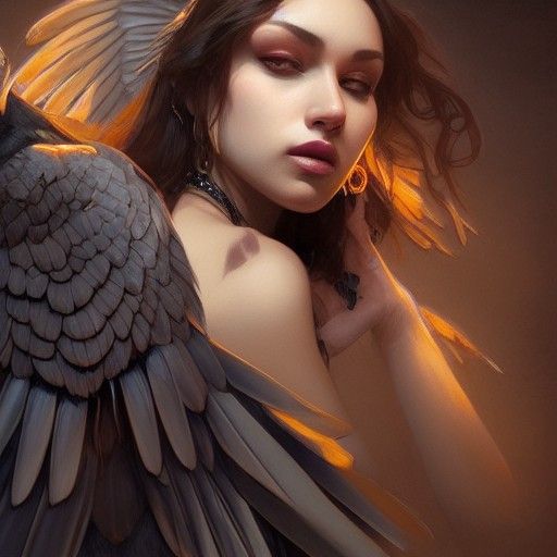 Raven-Winged Girl Soaring: Hyperdetailed Art Nouveau Portrai...
