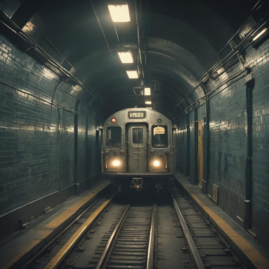1960s Subway Train in Dimly Lit Tunnel