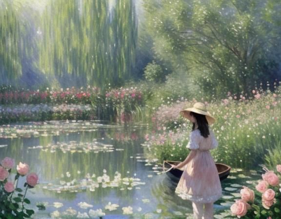 Impressionist Mother and Children in Rose Garden