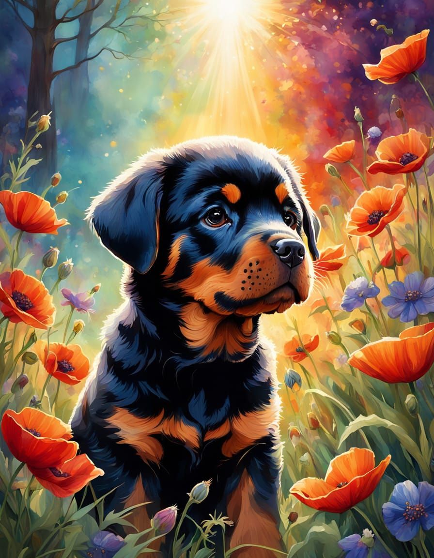 Dreamy Rottweiler Puppy in a Vibrant Wildflower Landscape