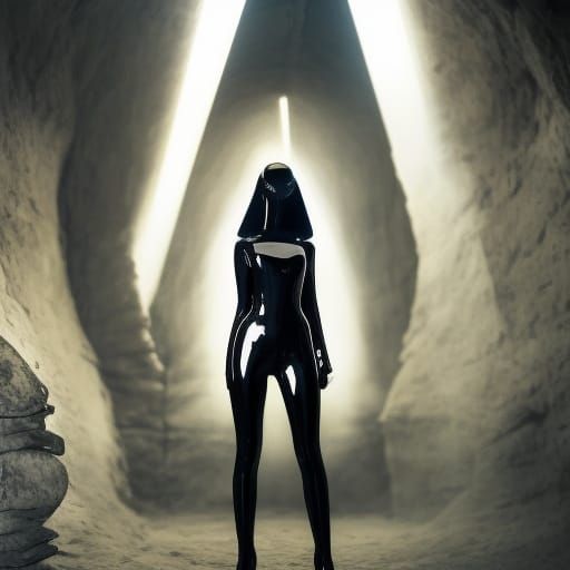 Woman in Cyberpunk Biosuit Entering Cave