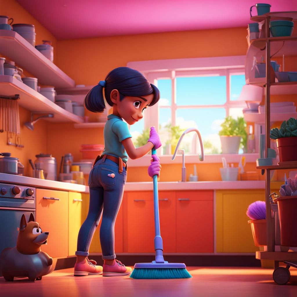 Girl Cleaning: Pixar-Style 3D Digital Art