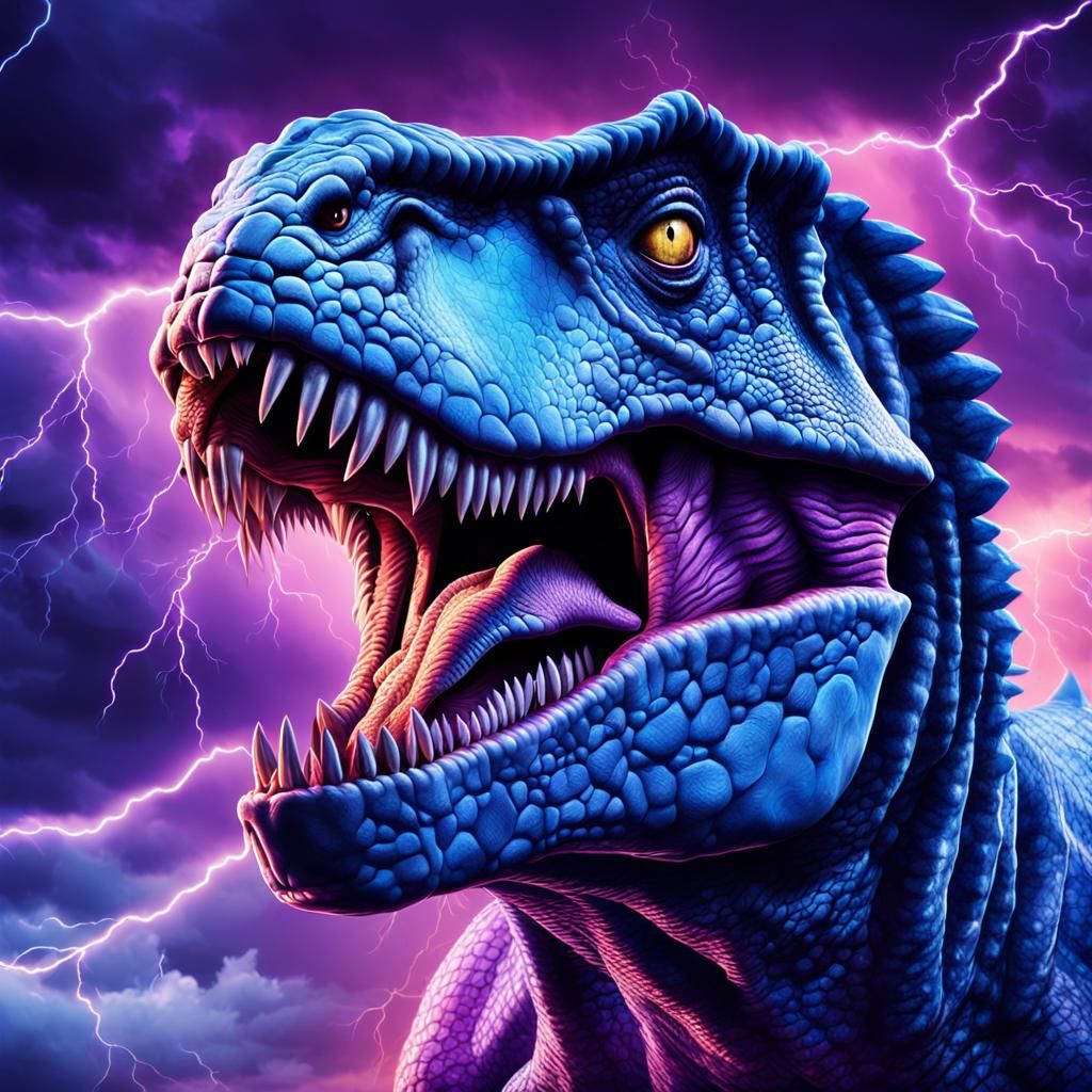 Dinosaur Roar in Cosmic Lightning Storm, Digital Art