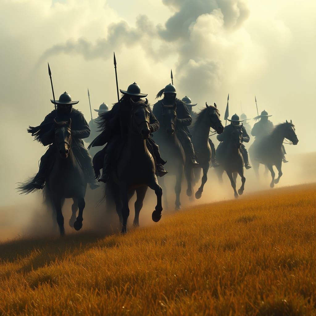 Ghostly Cossack Cavalry Galloping Across Summer Field