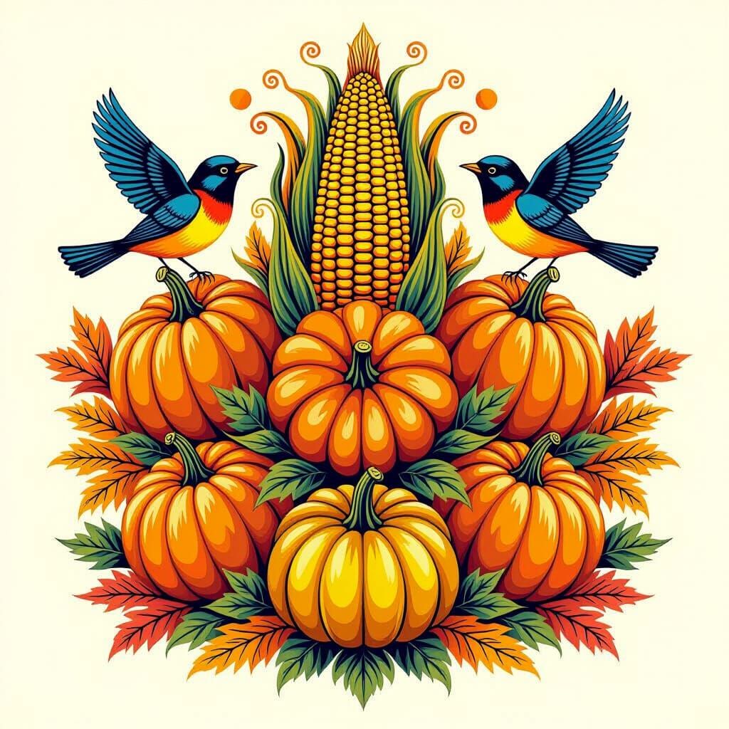 Autumn Harvest Geometric Pattern with Pop Art Birds