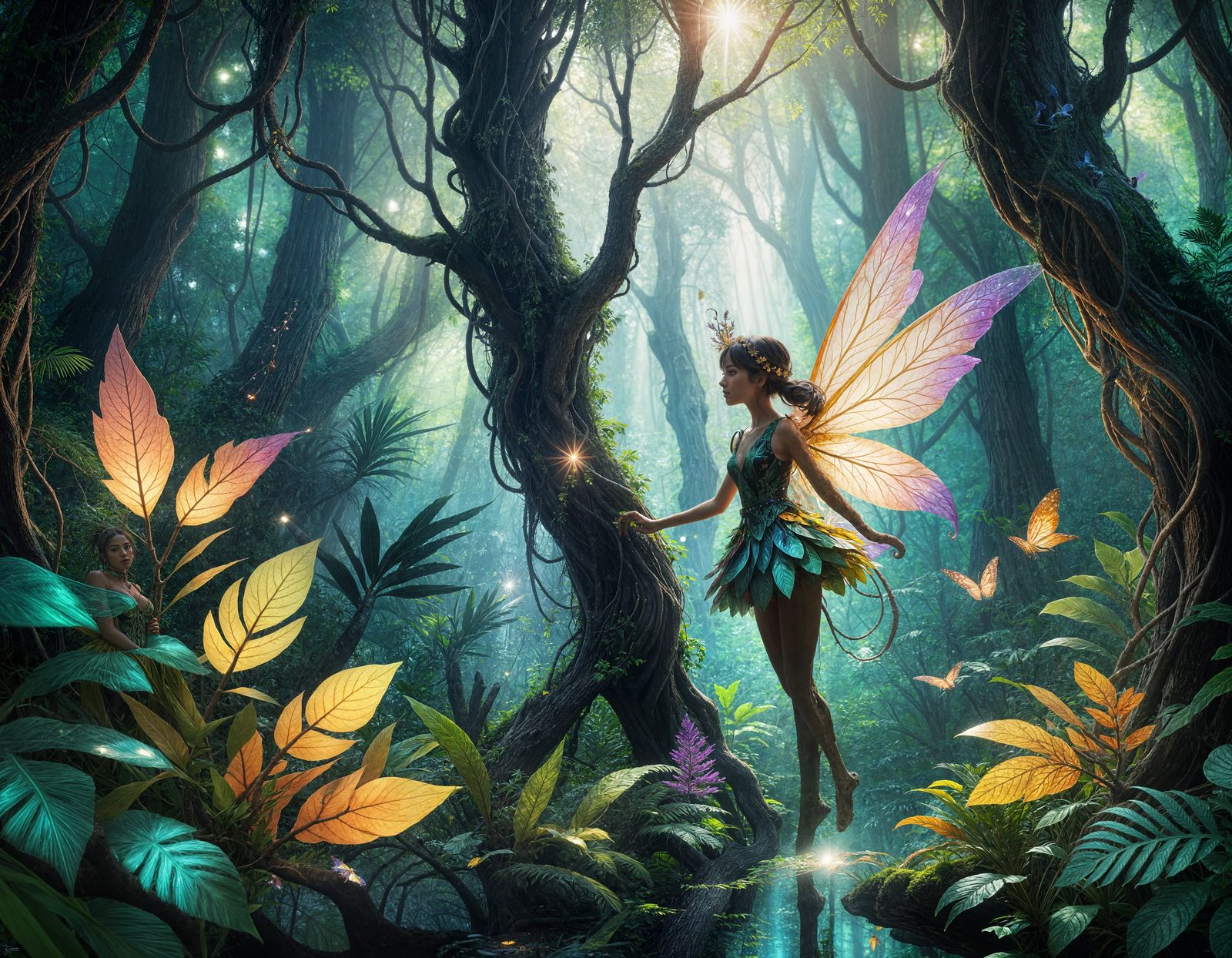 Whimsical Fantasy Scene with Twisted Pine Tree and Glowing F...