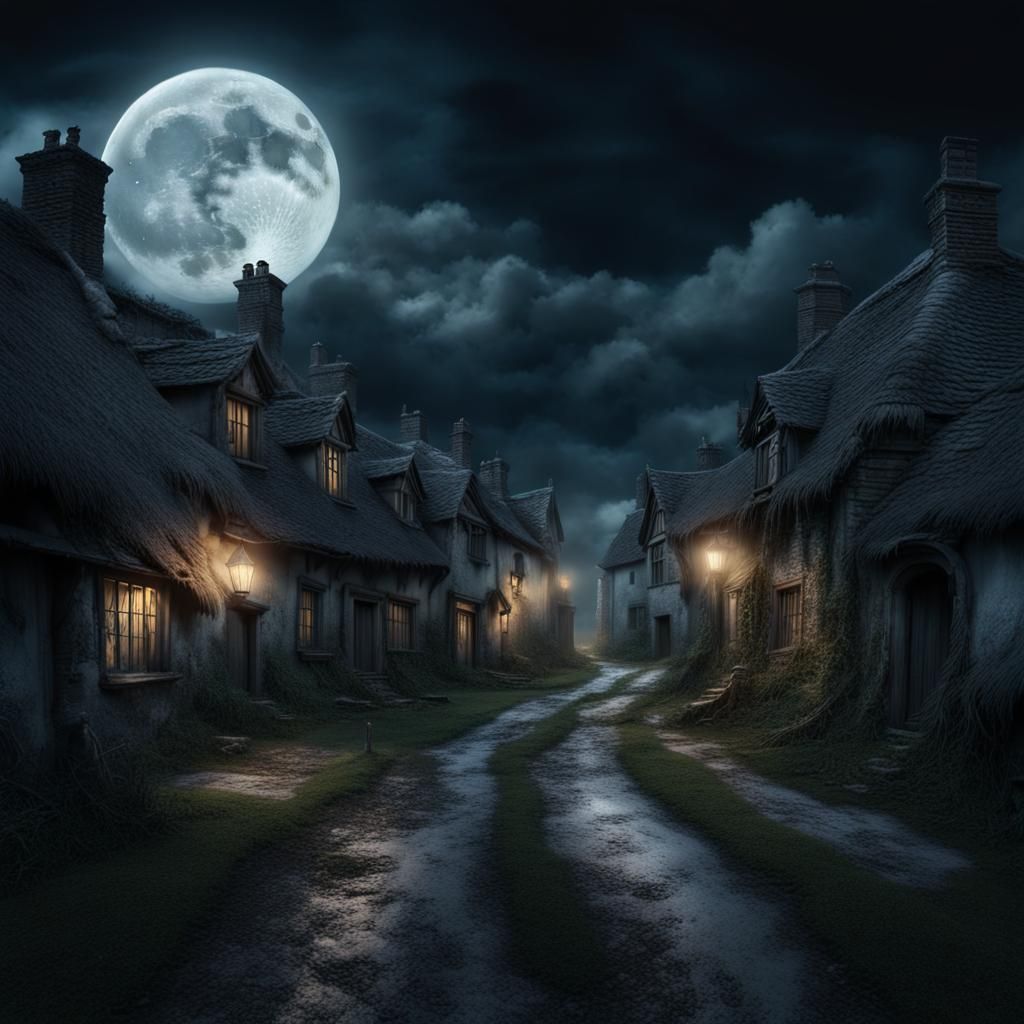 Haunted Village Under Moonlight: A Sinister Digital Painting