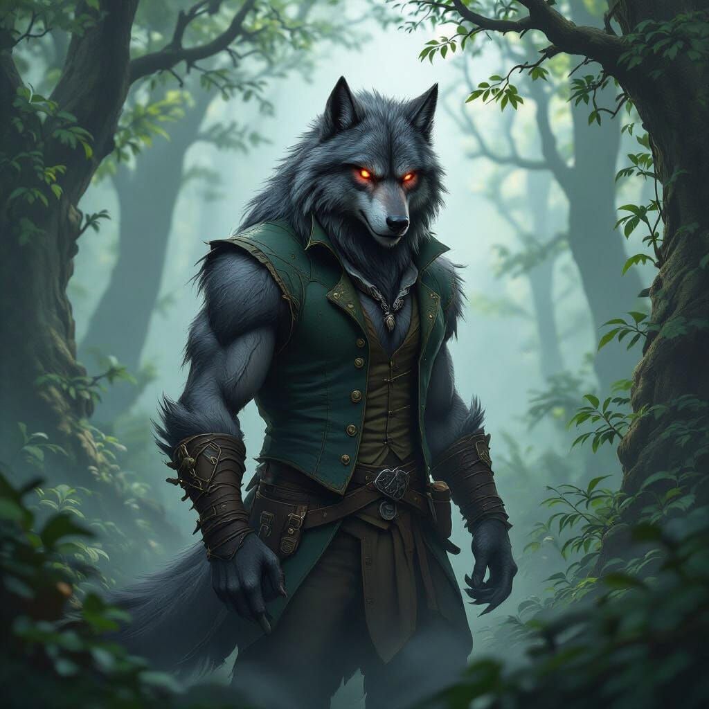 Werewolf in Misty Forest by Thomas Kinkade Style