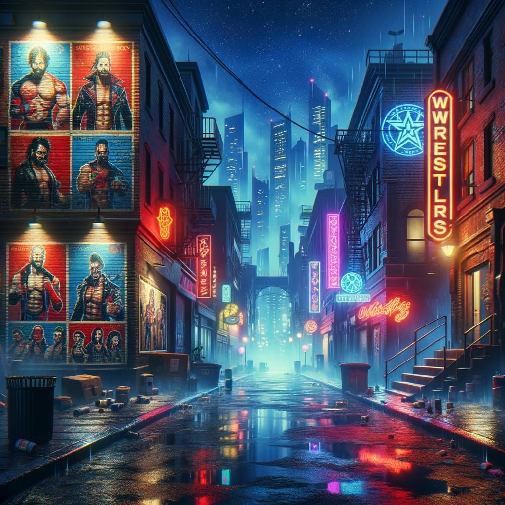 Wrestling Heroes on Neon-Lit Urban Street