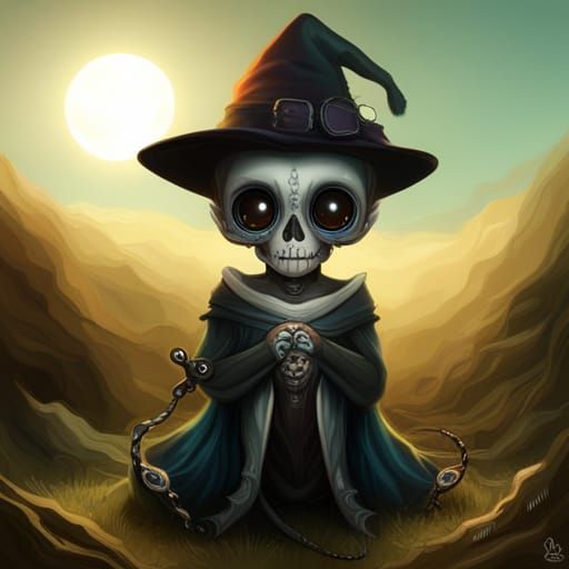 Cute Skeleton Creature with Kitten in Digital Art