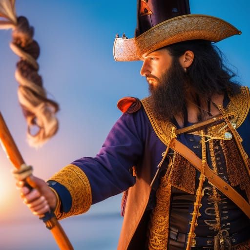 Pirate Mage Portrait with Magical Staff at Dusk