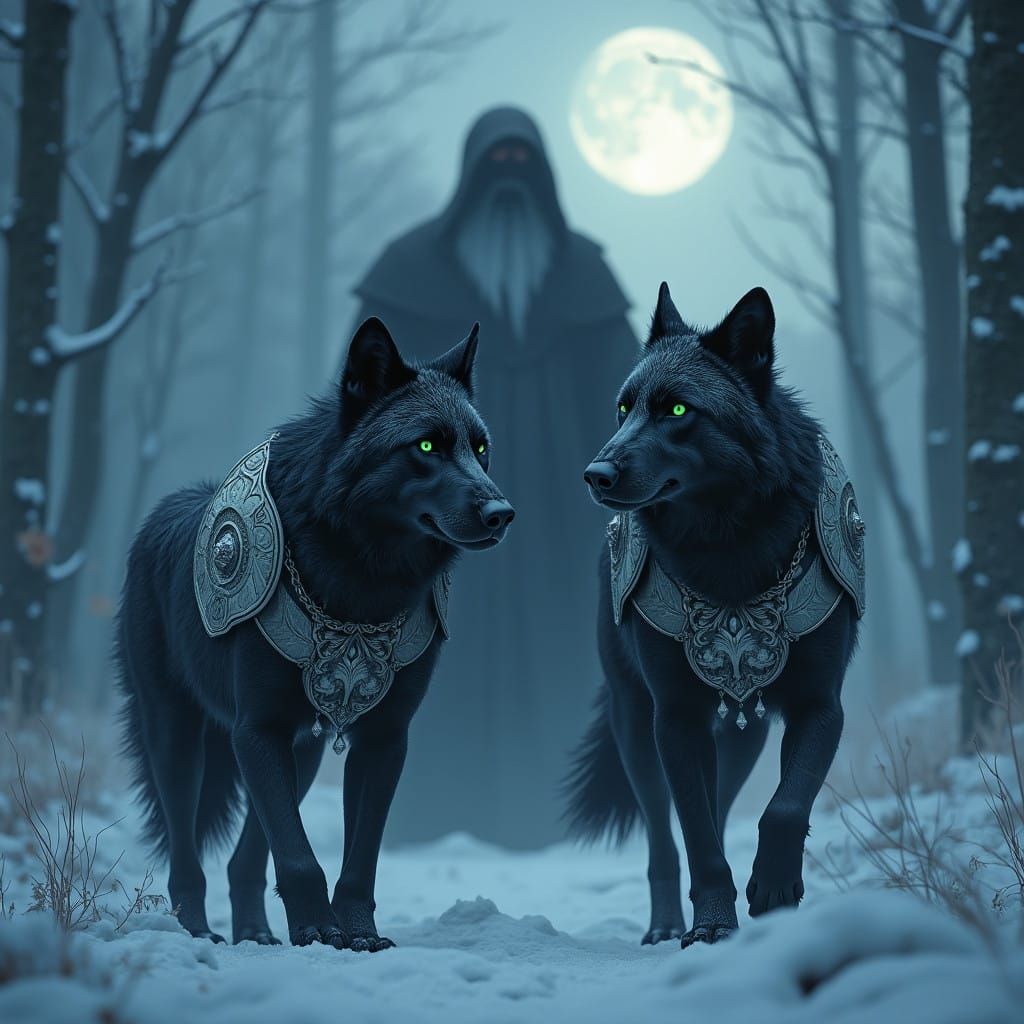Winter Wolves Guard the Moon Against Christmas