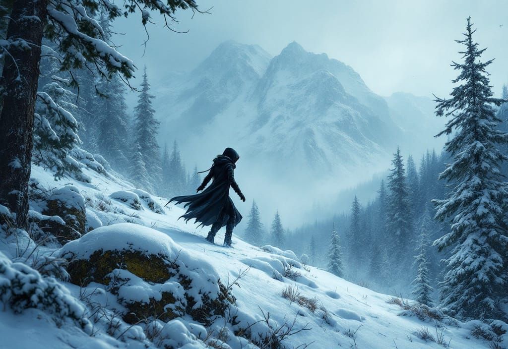Winter Assassin Stalking Prey in Atmospheric Landscape