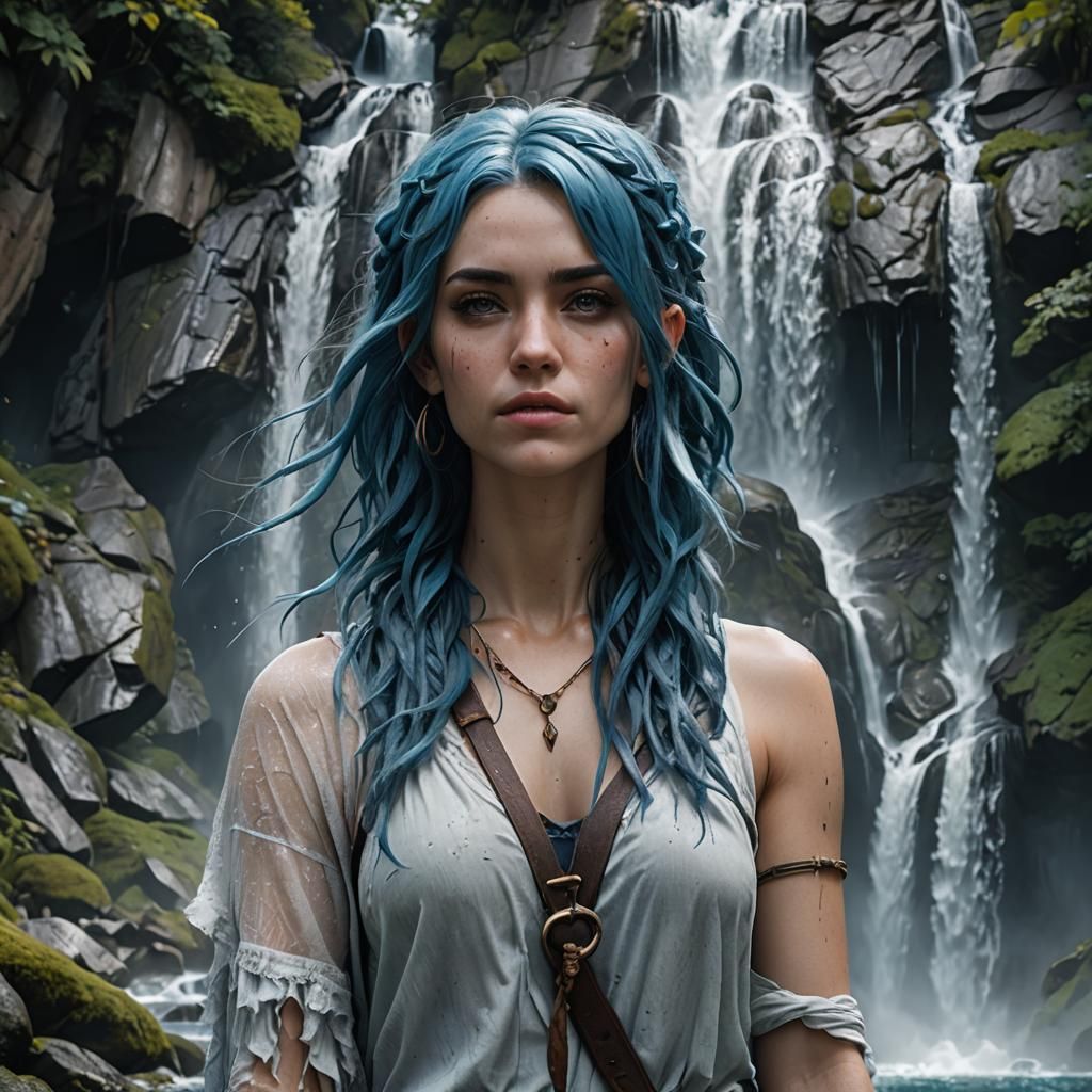 Blue-Haired Woman Merged with Waterfall in Detailed Painting