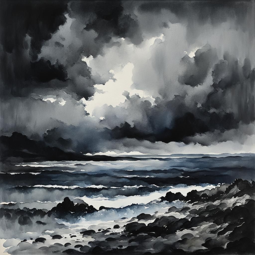 Moody Storm over Gloomy Bay: Gouache Watercolor