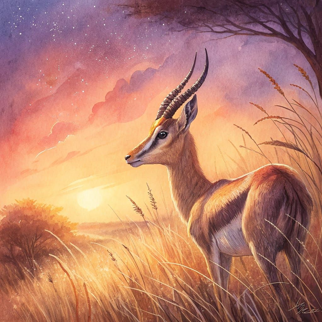 Spiritual Watercolor Gazelle on Golden Savannah