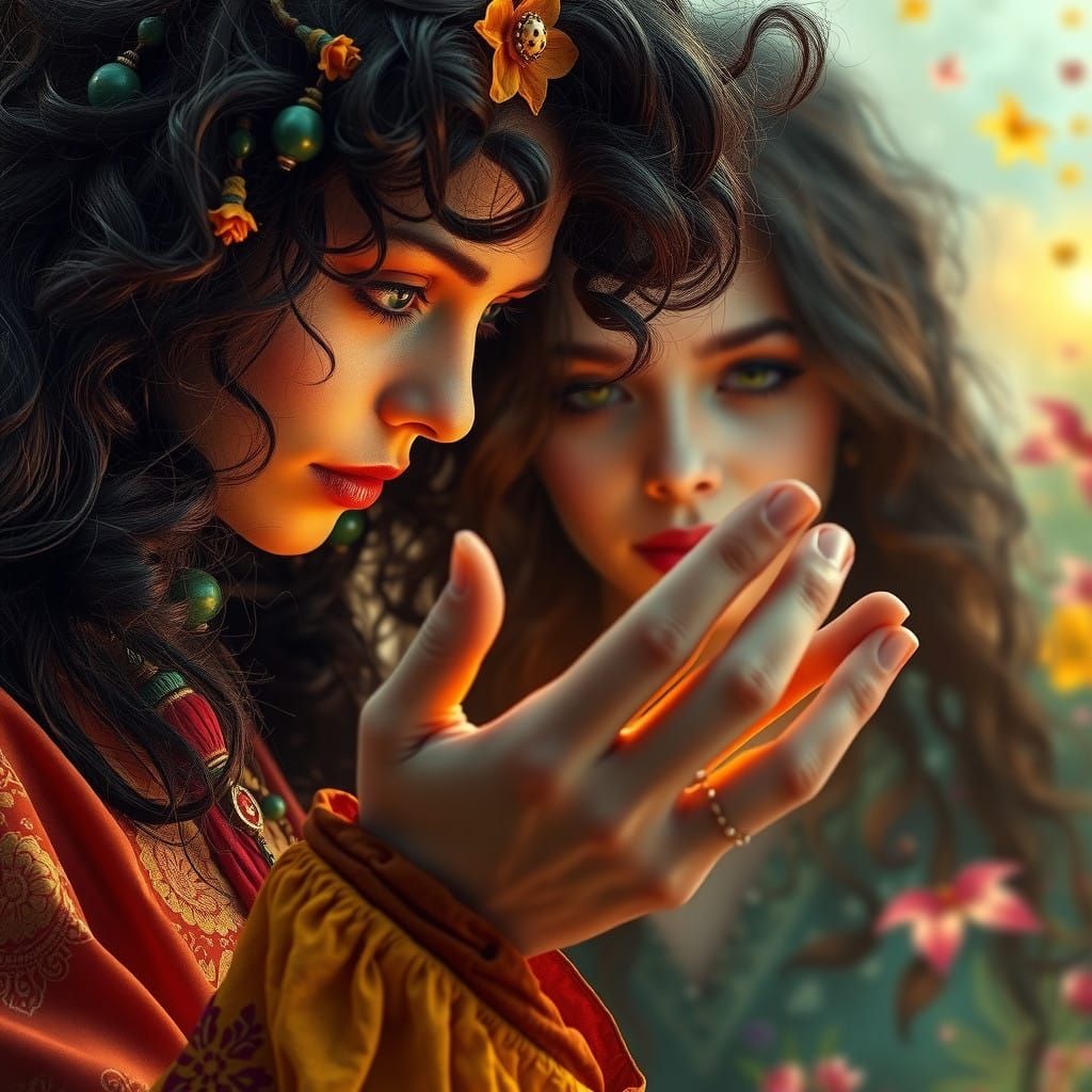 Mystical Gypsy Woman Reads Palm Lines in Whimsical Hyperreal...