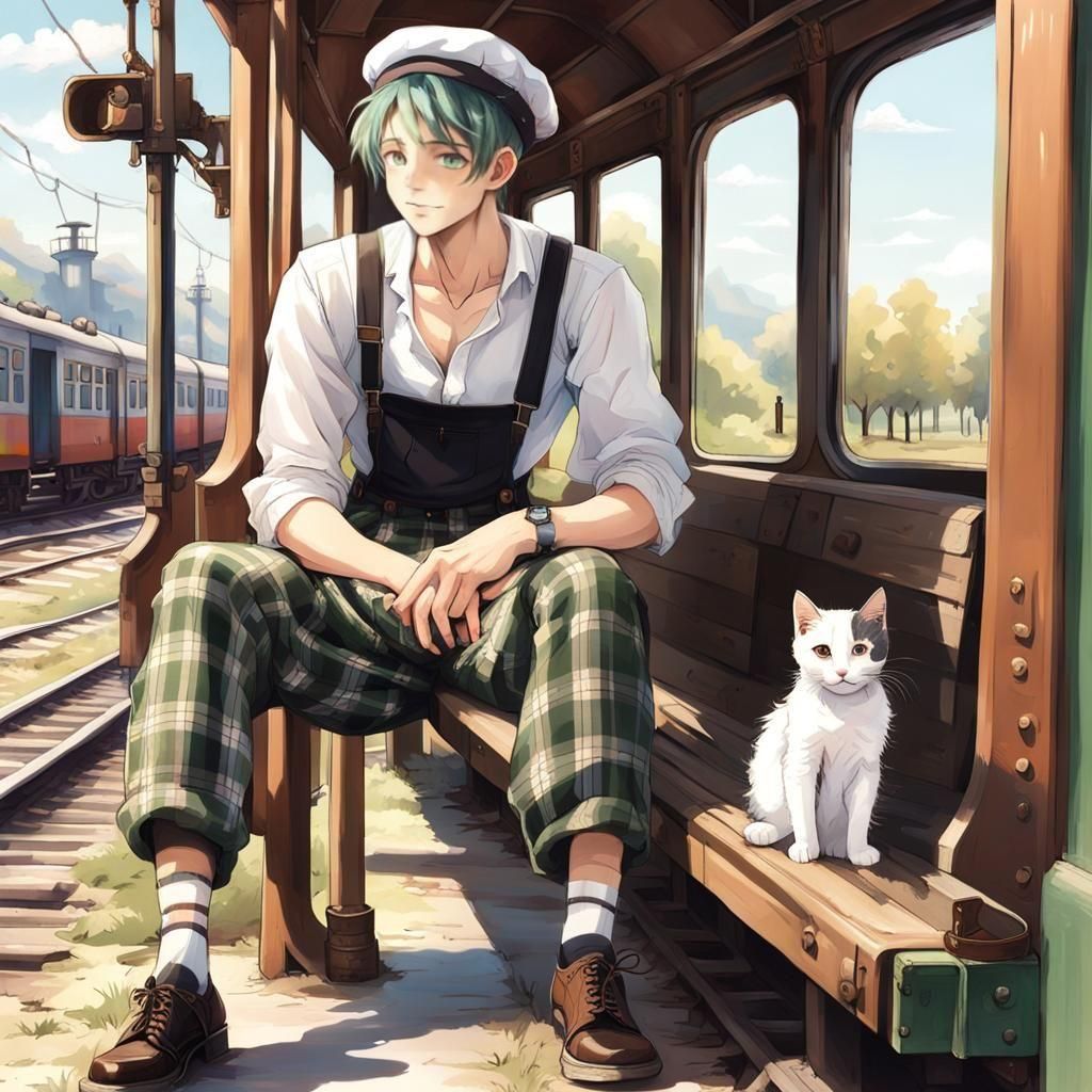 Anime Boy with Kitten Near Railway
