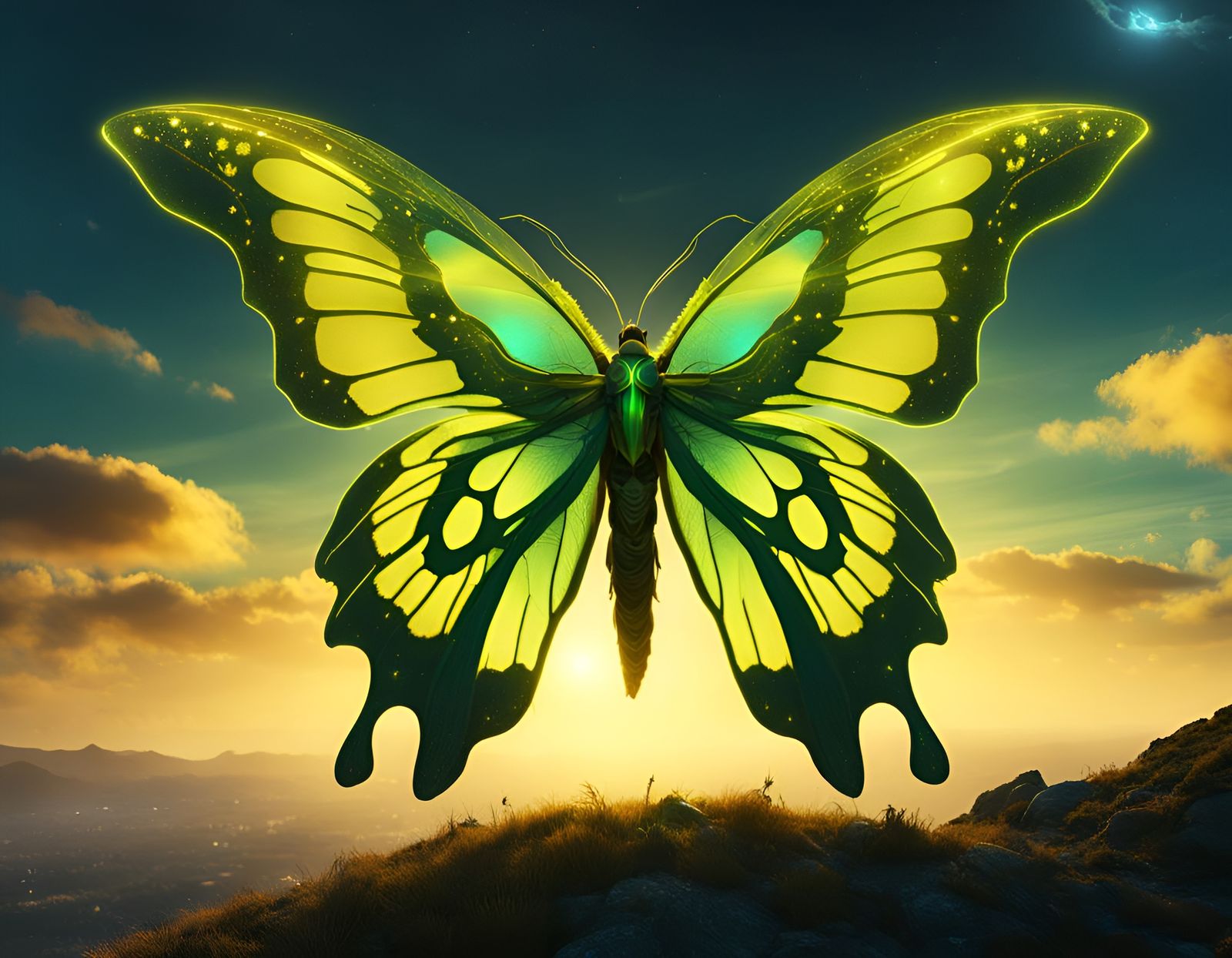 Bioluminescent Moth at Sunset, Digital Art