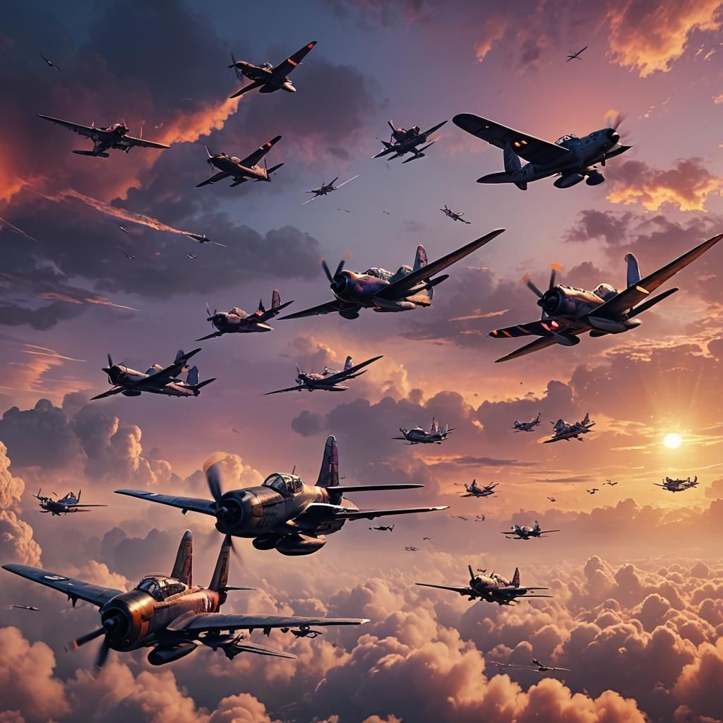 World War Planes at Sunset: High-Fantasy Concept Art
