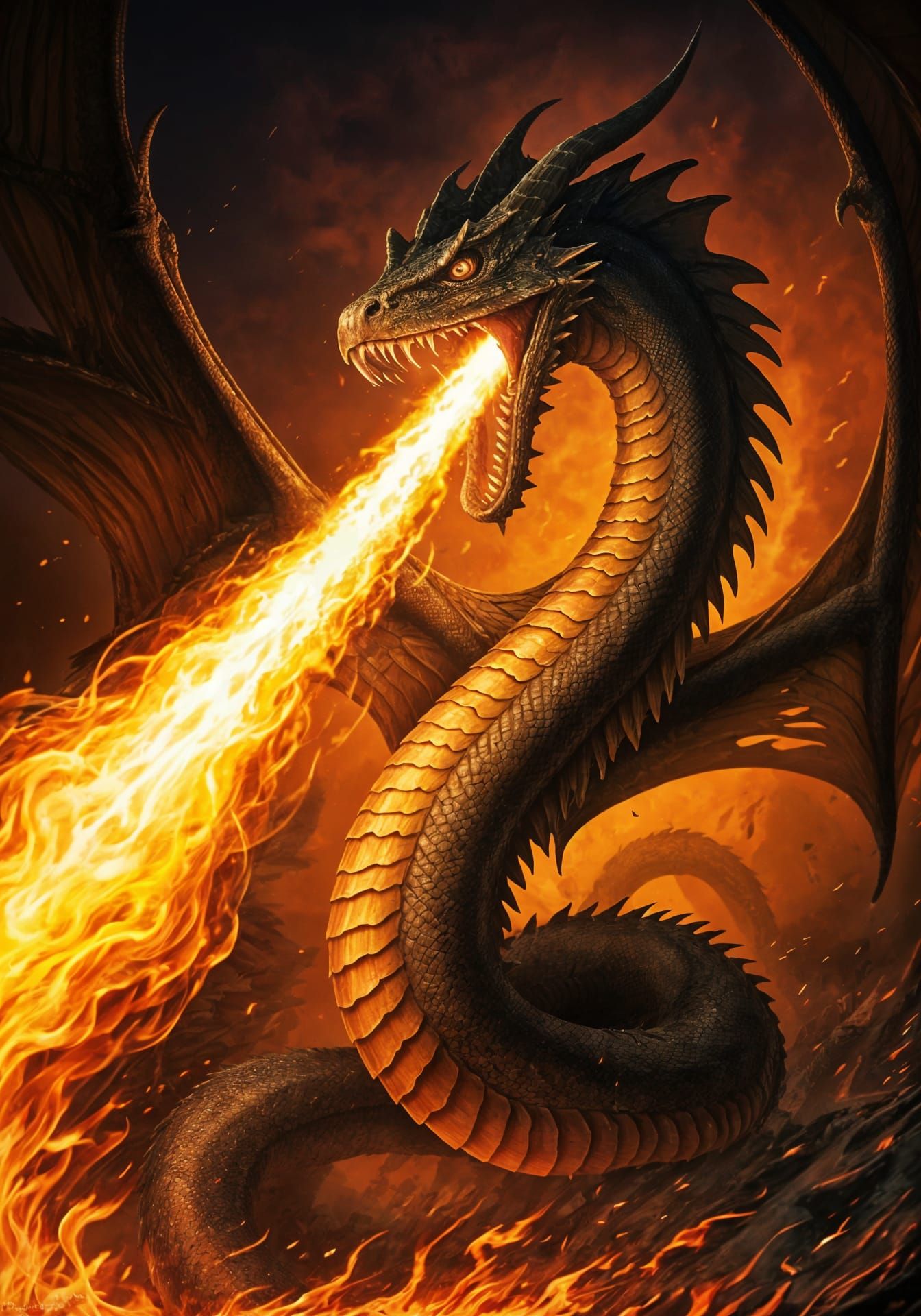 Winged Basilisk Serpent Unleashes Fiery Breath