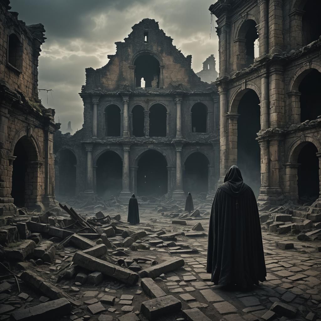 Dark Surrealism: Ghostly Figure in Ruined City