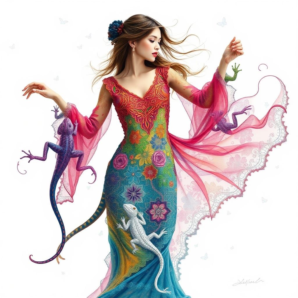 Woman Dancing in Embroidered Dress, Fluid Gouache Painting