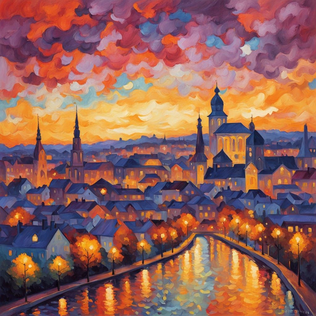 Vibrant Stuttgart Cityscape at Dusk in Expressive Neo-Impres...