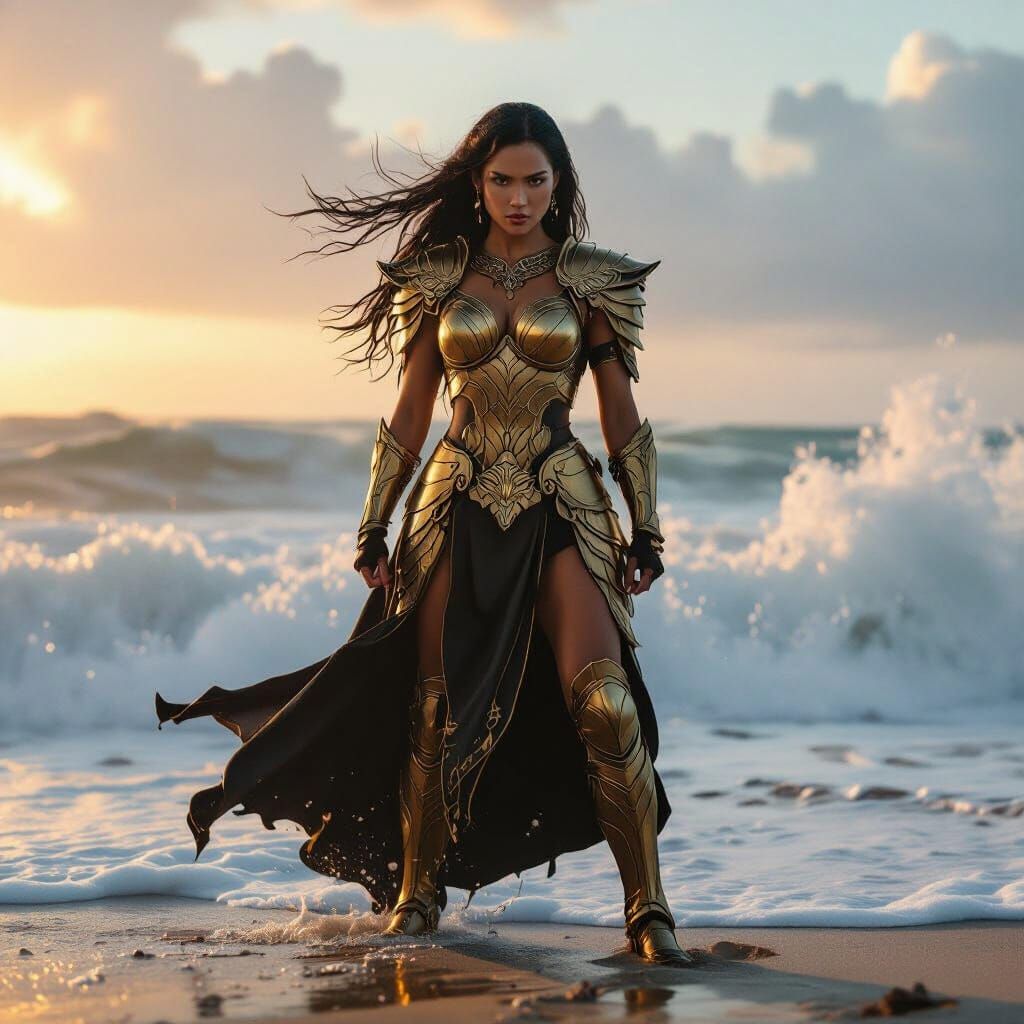 Filipina Warrior by Roaring Sea at Sunset