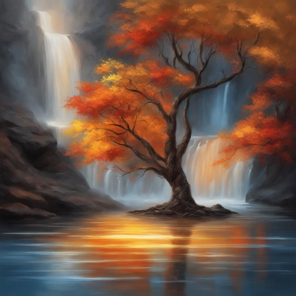 Fantasy Tree with Waterfall in Digital Oil Painting