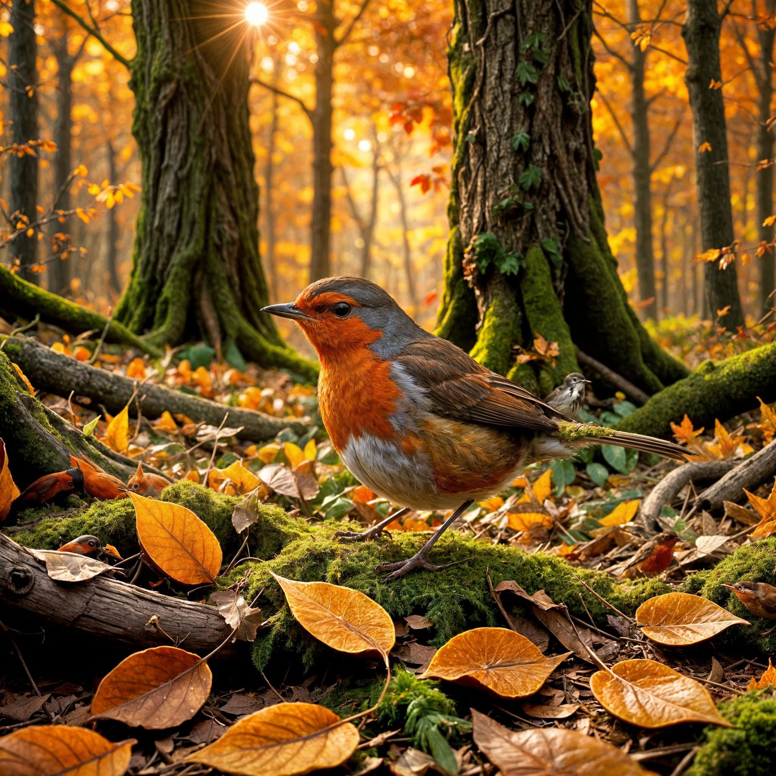 Detailed Matte Painting of Robins in Autumn Leaves